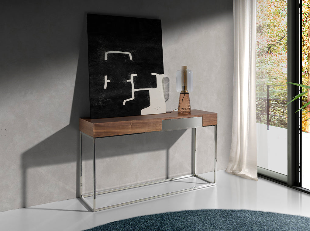 Console d’accueil en bois de noyer et acier chromé 3111 Angel Cerdá