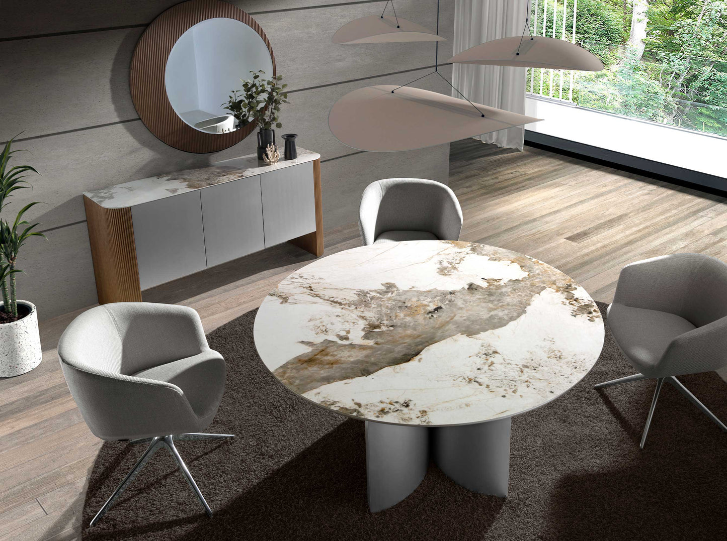 Table de salle à manger ronde en marbre porcelaine, noyer et bois argenté 1148 Angel Cerdá