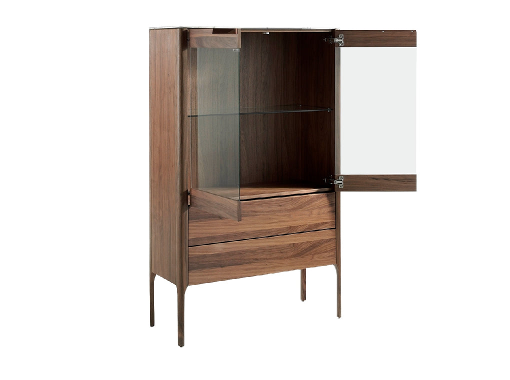 Vitrine design en noyer et plateau effet marbre Calacatta