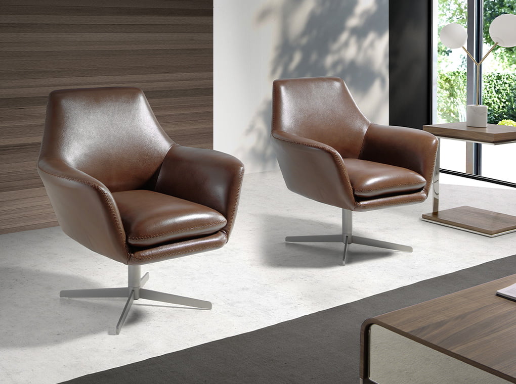 Fauteuil pivotant rembourré en cuir cognac & acier inoxydable