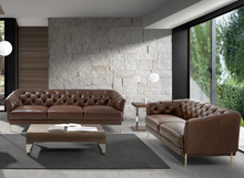 Charger l'image dans la visionneuse de la galerie, Canapé 3 places en cuir marron et pied en acier doré Angel Cerda