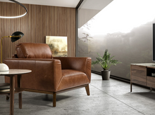 Charger l'image dans la visionneuse de la galerie, Fauteuil en cuir marron et pied en bois Angel Cerda