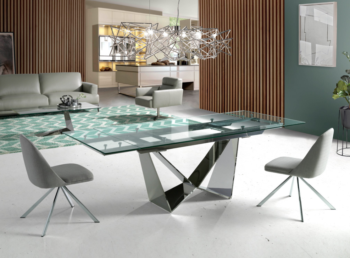 Table à manger extensible en verre trempée et acier chromé Angel Cerda