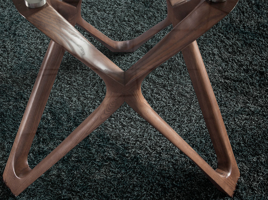 Table de salle à manger ronde en verre avec pieds en bois, 140×75