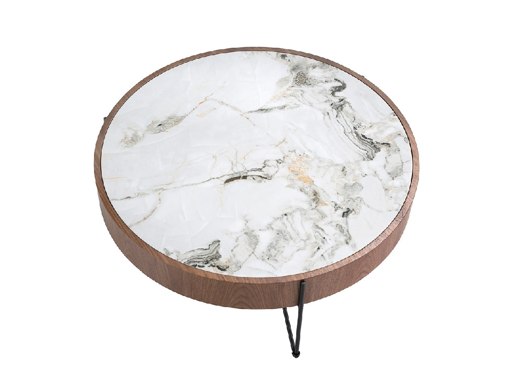 Table basse ronde en marbre porcelaine, noyer et acier noir 2138 Angel Cerdá