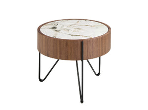 Table d’angle ronde en marbre porcelaine, noyer et acier noir 2139 Angel Cerdá