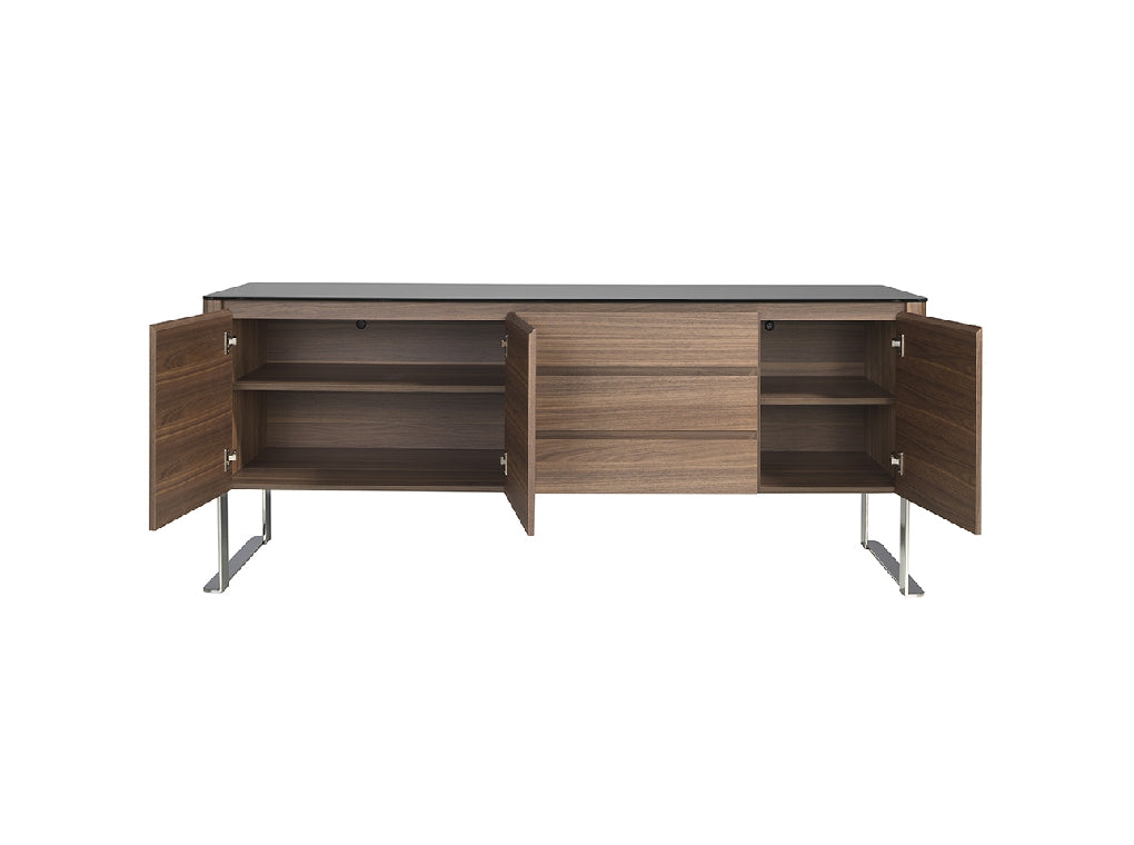 Buffet design en bois de noyer avec plateau en verre teinté noir – Angel Cerdá 3060