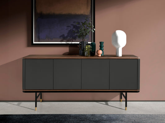 Buffet design en bois gris foncé avec acier noir et plateau en noyer – Angel Cerdá 3264