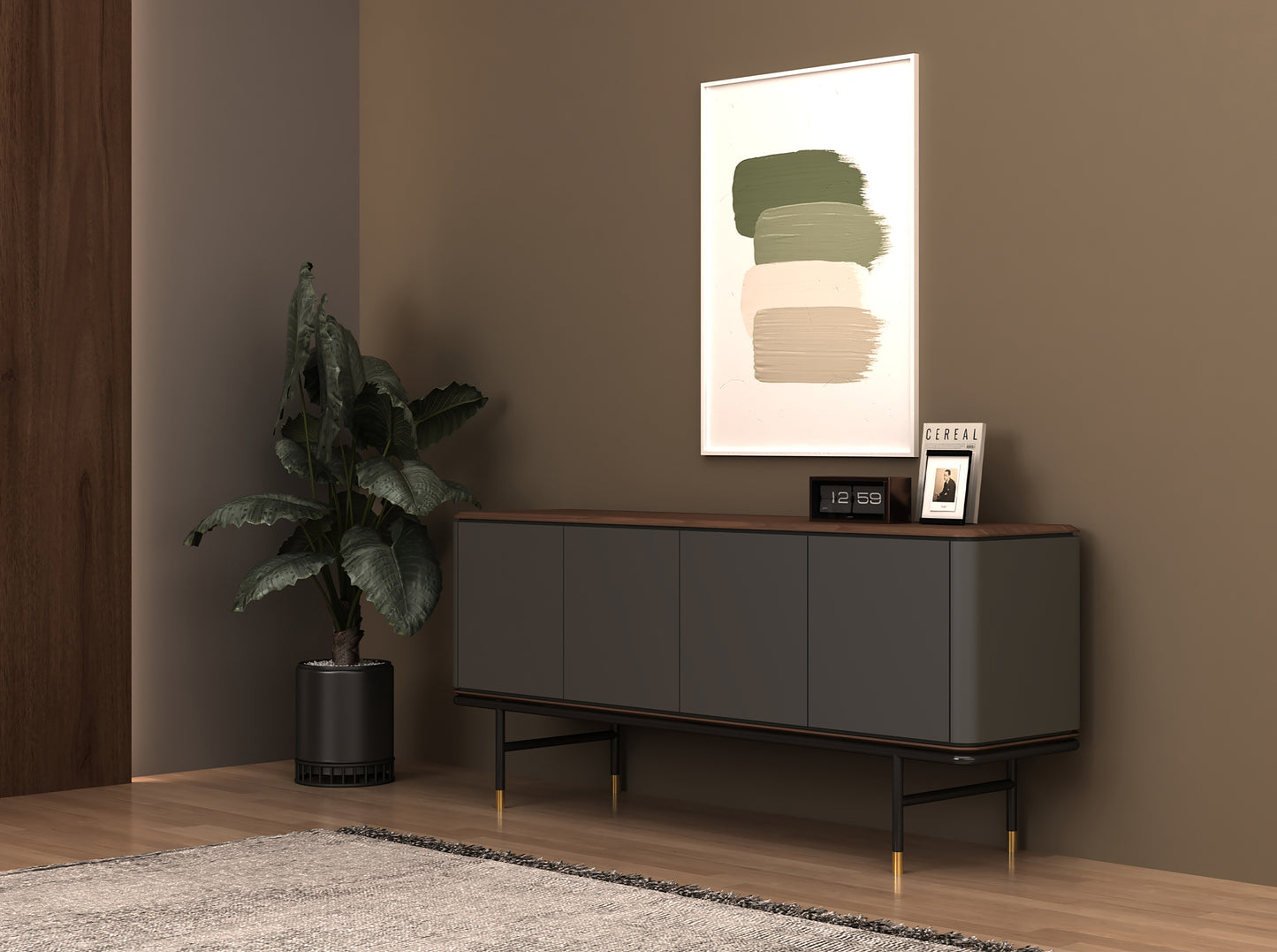 Buffet design en bois gris foncé avec acier noir et plateau en noyer – Angel Cerdá 3264