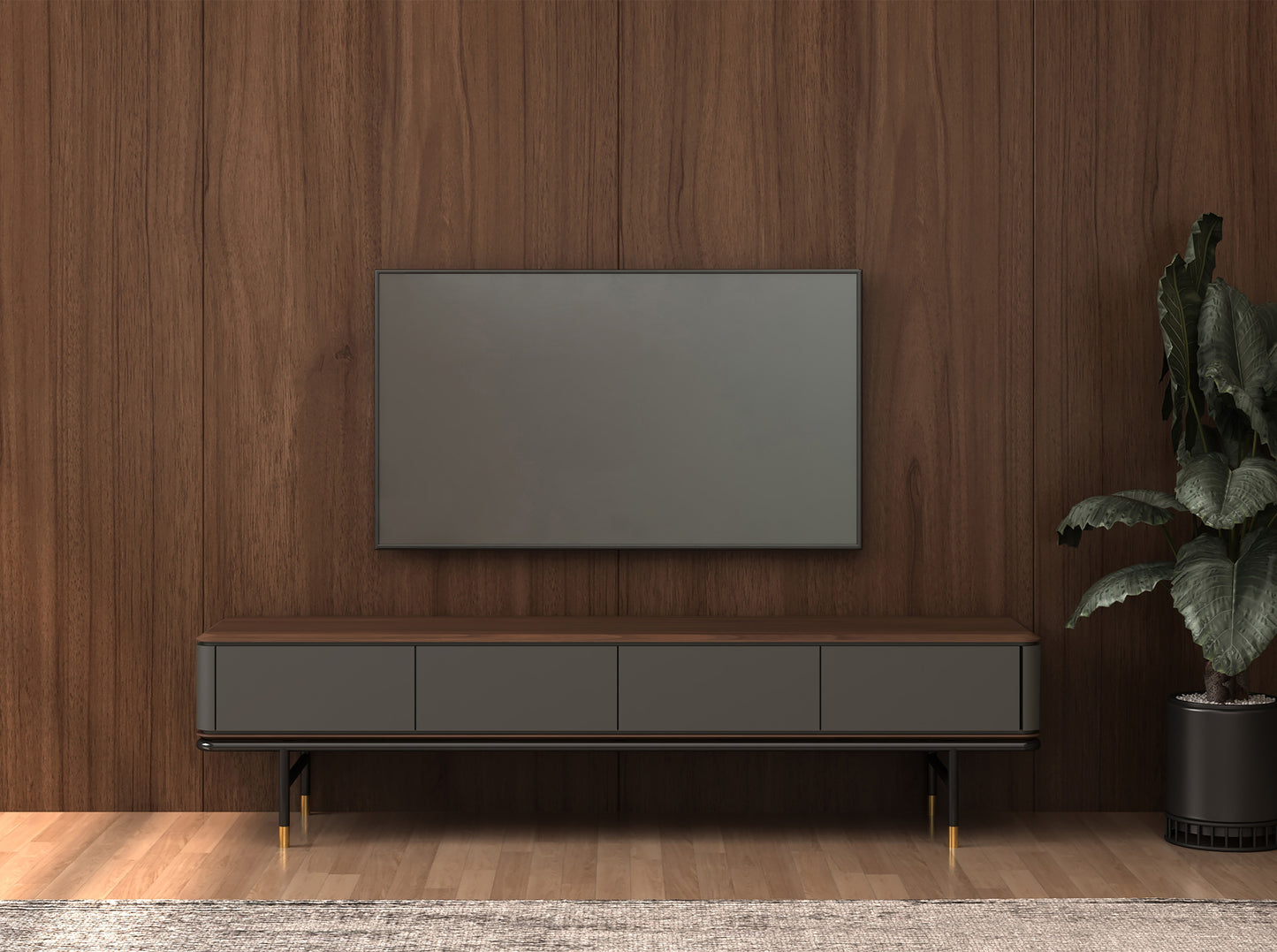 Meuble TV en bois gris foncé mat, acier noir et plateau en noyer 3265 Angel Cerdá