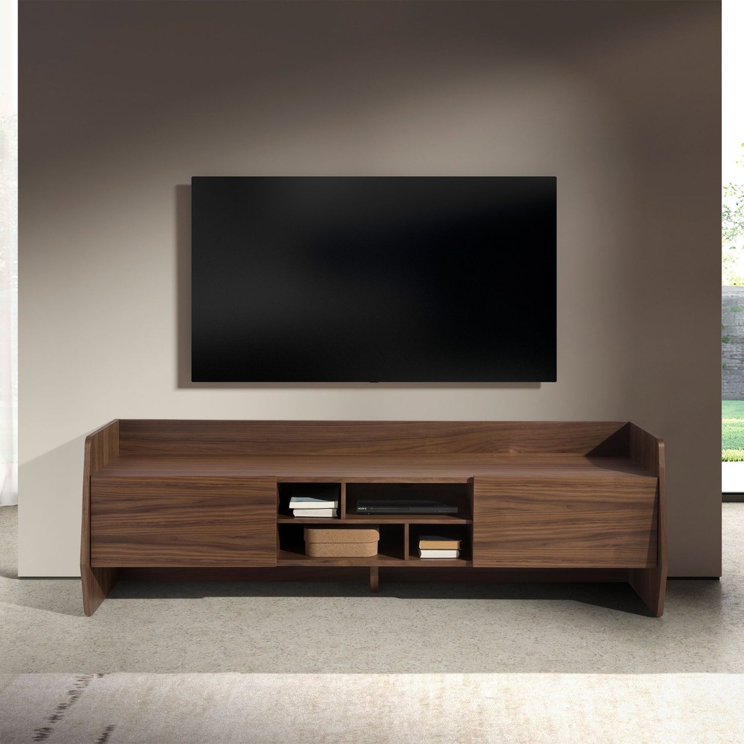 Meuble TV bois noyer design contemporain 160cm | Salon moderne