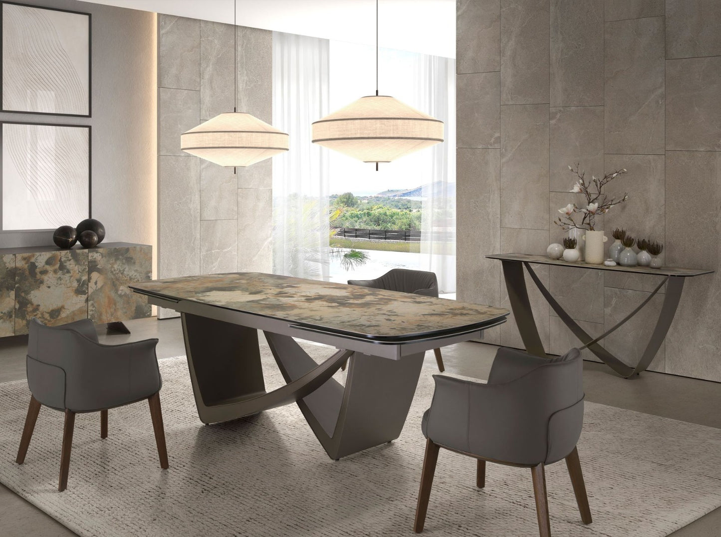 Table à manger marbre porcelaine et acier taupe 160cm | Design