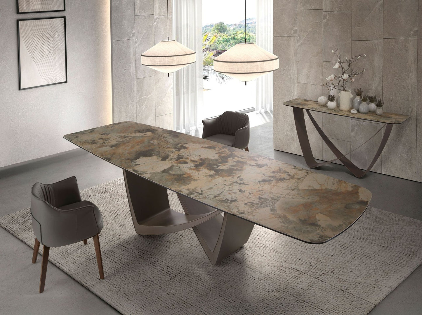Table à manger marbre porcelaine et acier taupe 160cm | Design