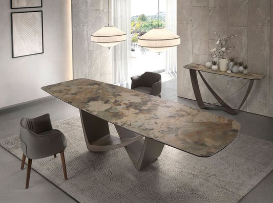Table à manger marbre porcelaine et acier taupe 160cm | Design