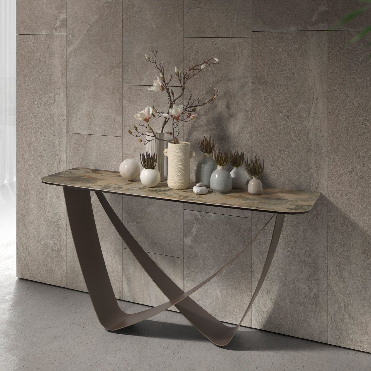 Table à manger marbre porcelaine et acier taupe 160cm | Design