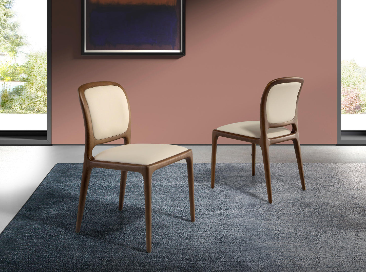 Chaise design en similicuir crème avec pieds en bois noyer – Angel Cerdá 4169