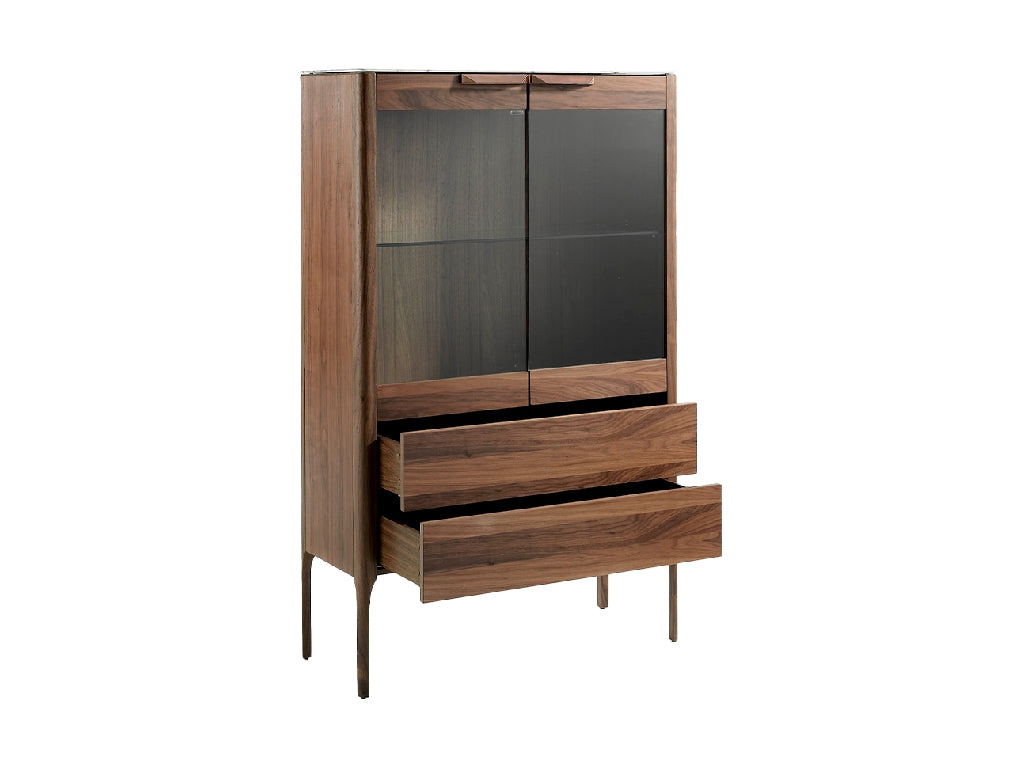Vitrine design en noyer et plateau effet marbre Calacatta