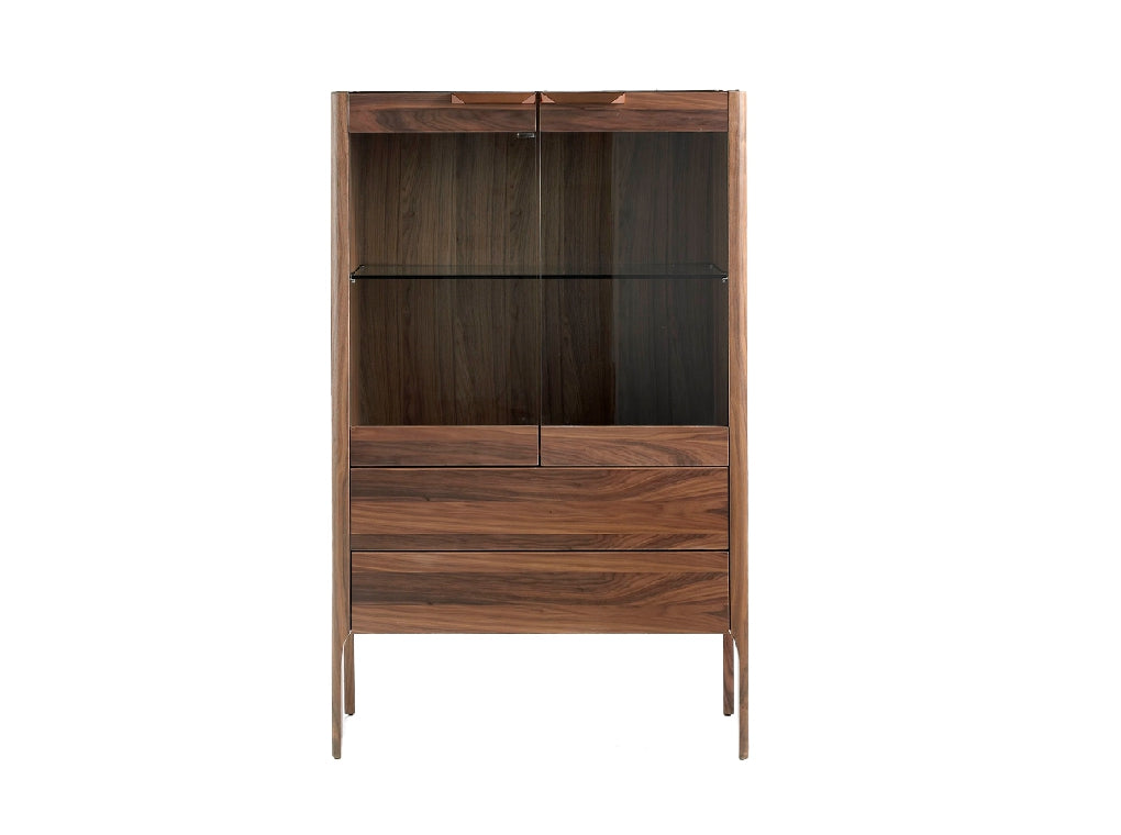 Vitrine design en noyer et plateau effet marbre Calacatta