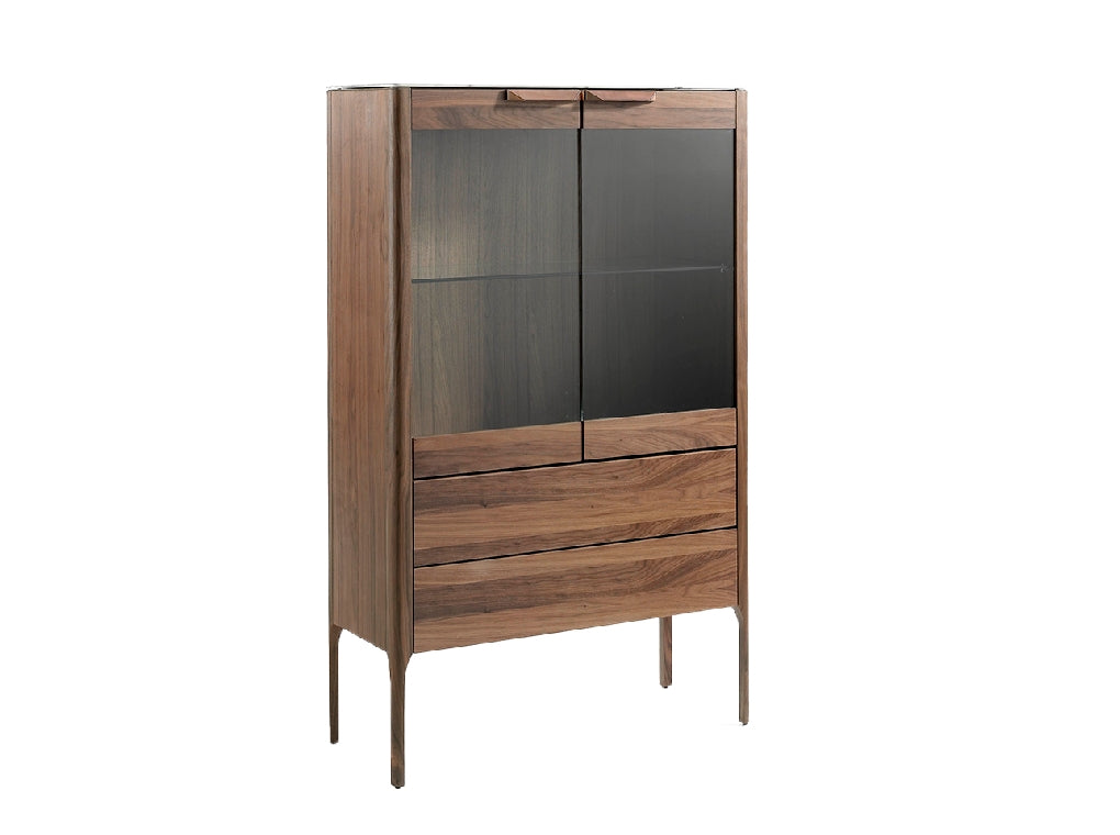 Vitrine design en noyer et plateau effet marbre Calacatta