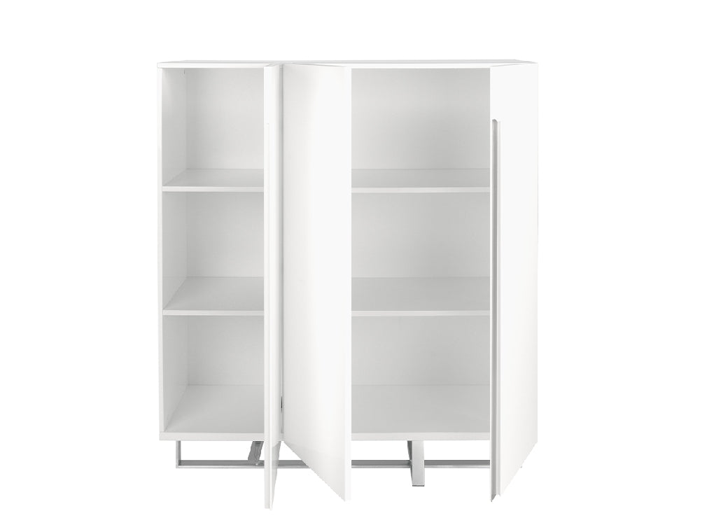 Buffet contemporain blanc laqué & acier chromé au design épuré