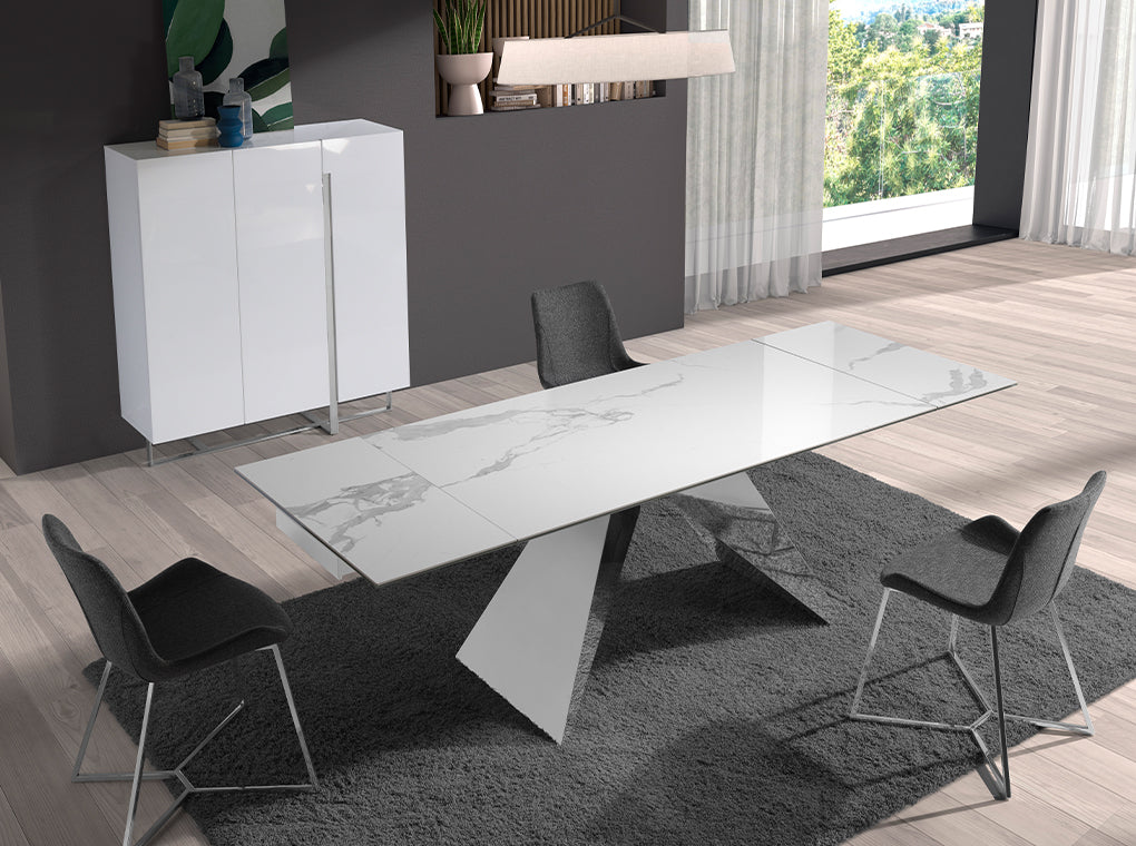 Buffet contemporain blanc laqué & acier chromé au design épuré