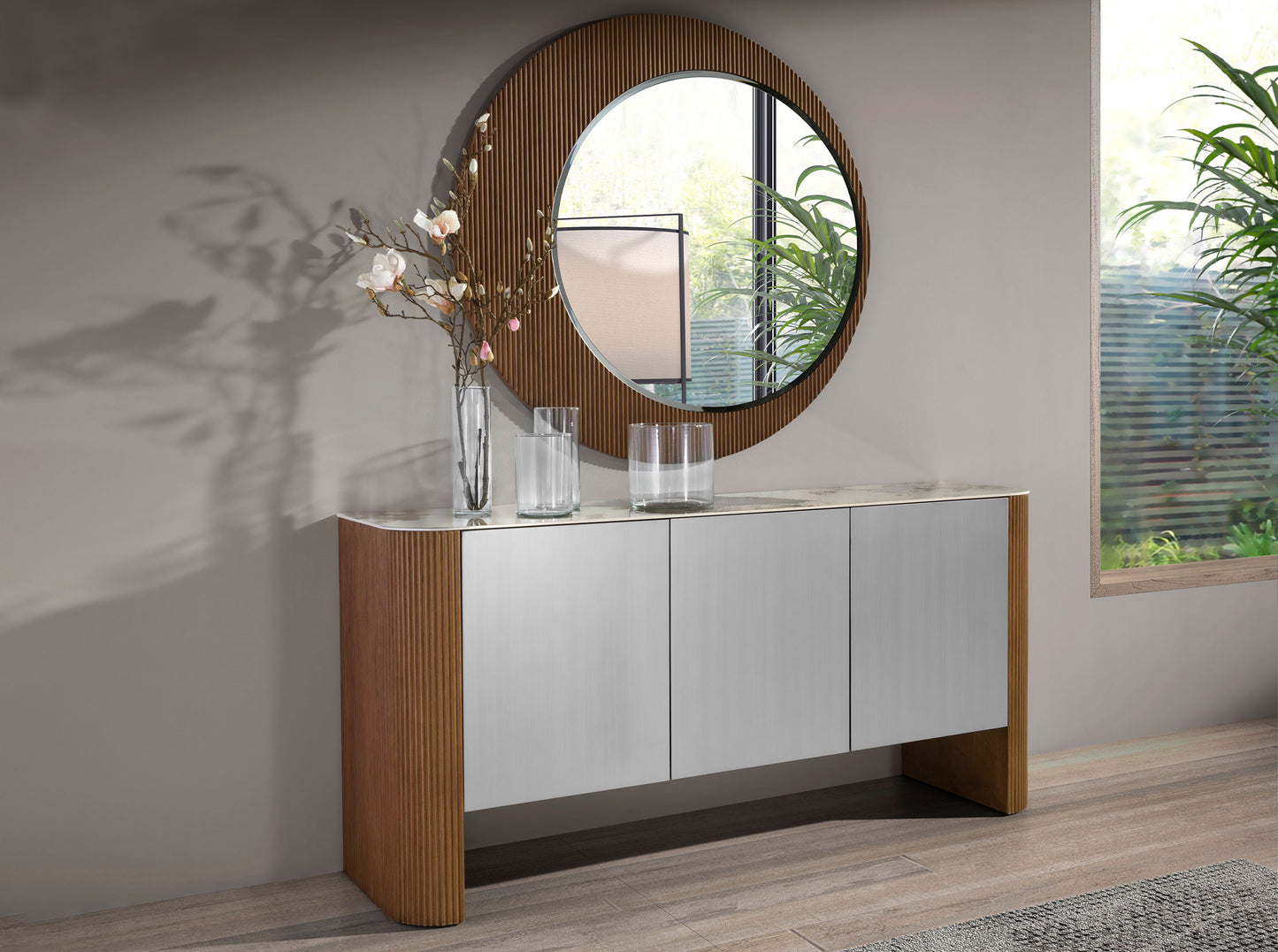 Buffet design 3 portes en bois argenté et noyer avec plateau en marbre de porcelaine – Angel Cerdá 3261