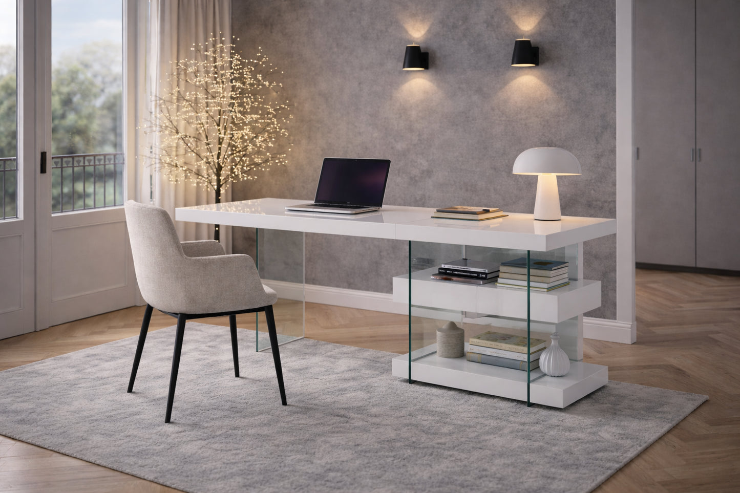 Bureau angle blanc laqué et verre trempé design | Home office 160cm