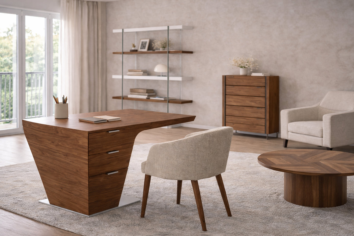 Bureau design en bois de noyer et métal chromé