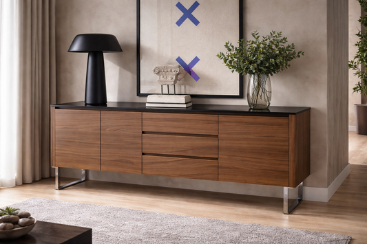 Buffet design en bois de noyer avec plateau en verre teinté noir – Angel Cerdá 3060