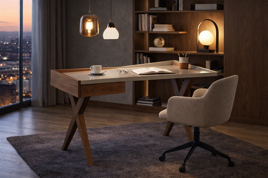 Bureau design moderne en bois de noyer et plateau laqué gris - Angel Cerda 3018