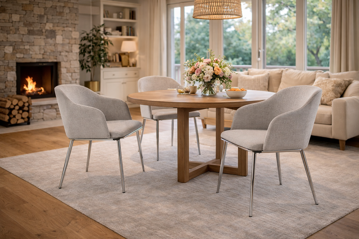 Chaise de salle à manger design en tissu gris et pieds en acier chromé – Angel Cerdá 4050