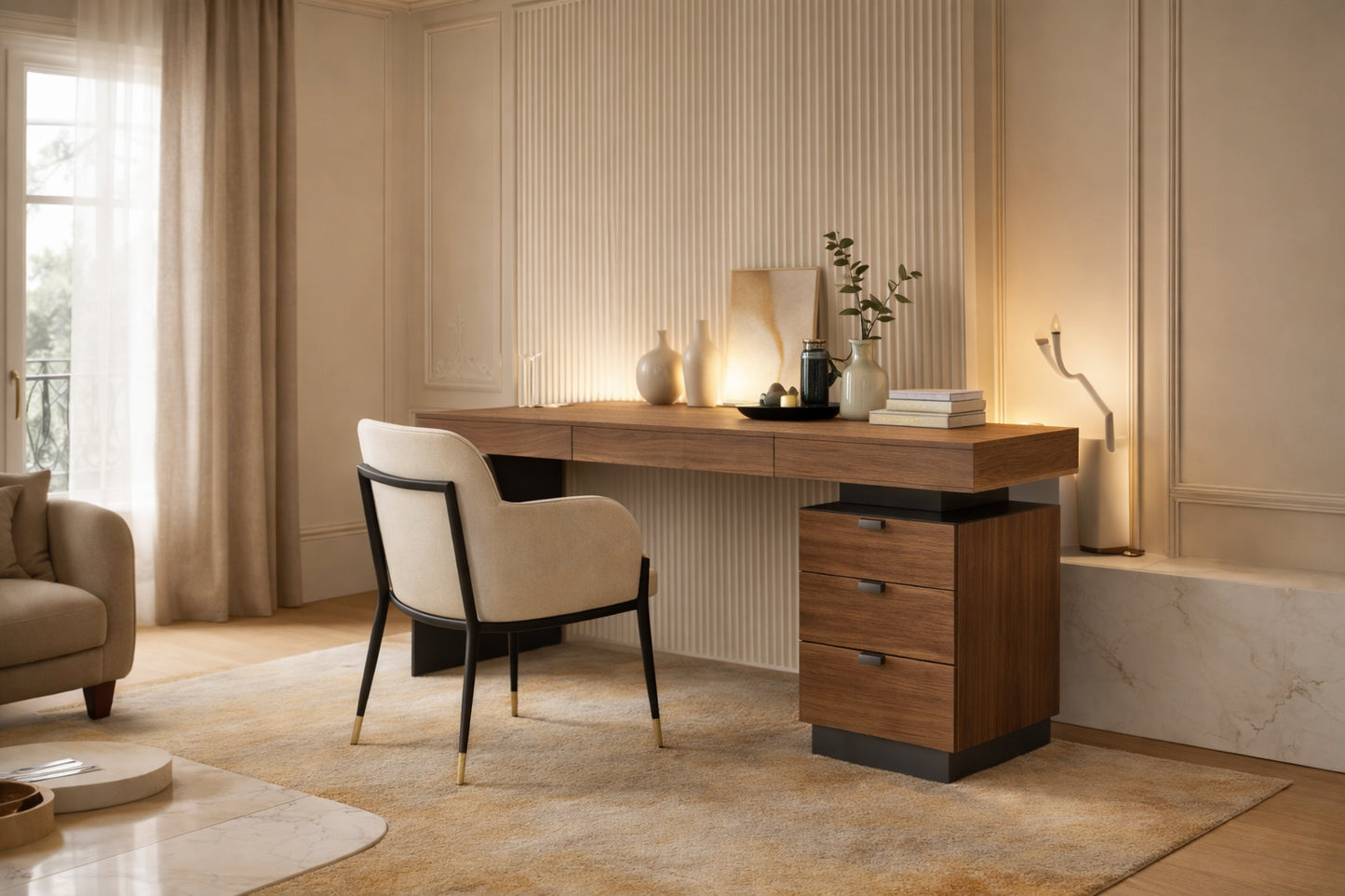 Bureau design en bois de noyer et métal noir
