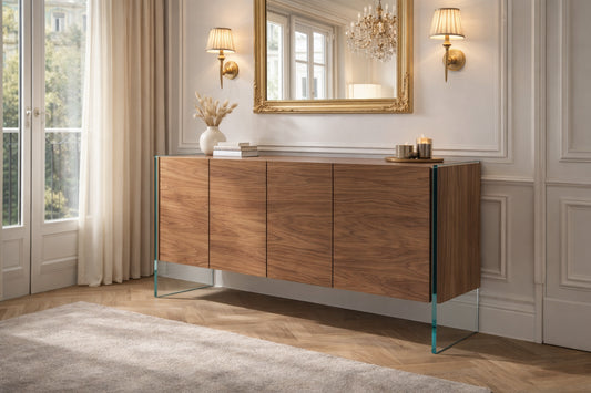 Buffet design en noyer et verre trempé