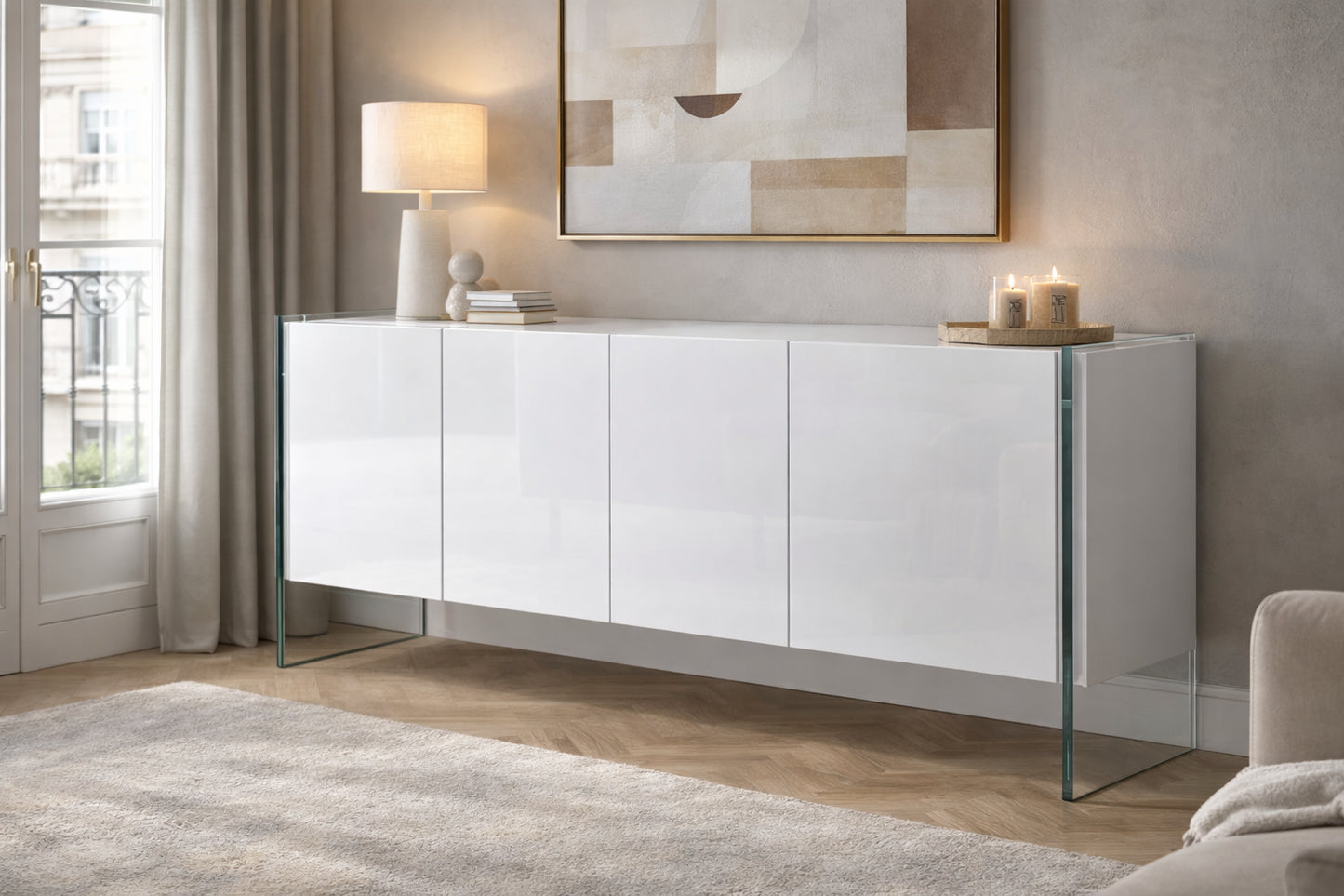Buffet design en noyer et verre trempé