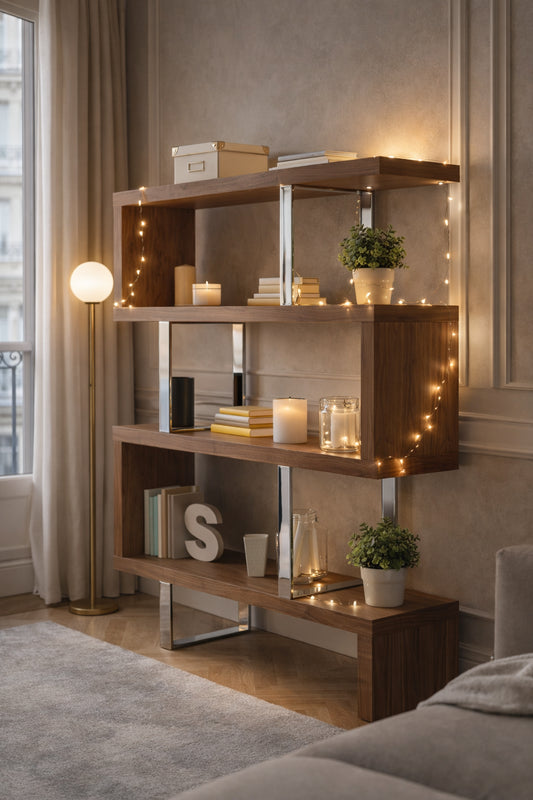 Étagère design moderne en bois plaqué noyer et acier chromé