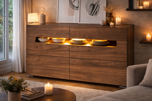 Buffet design moderne en bois plaqué noyer avec éclairage LED