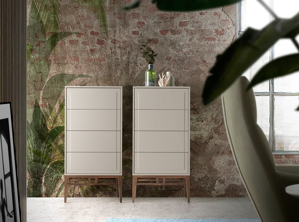Chiffonnier contemporain gris brillant & bois de noyer au design épuré