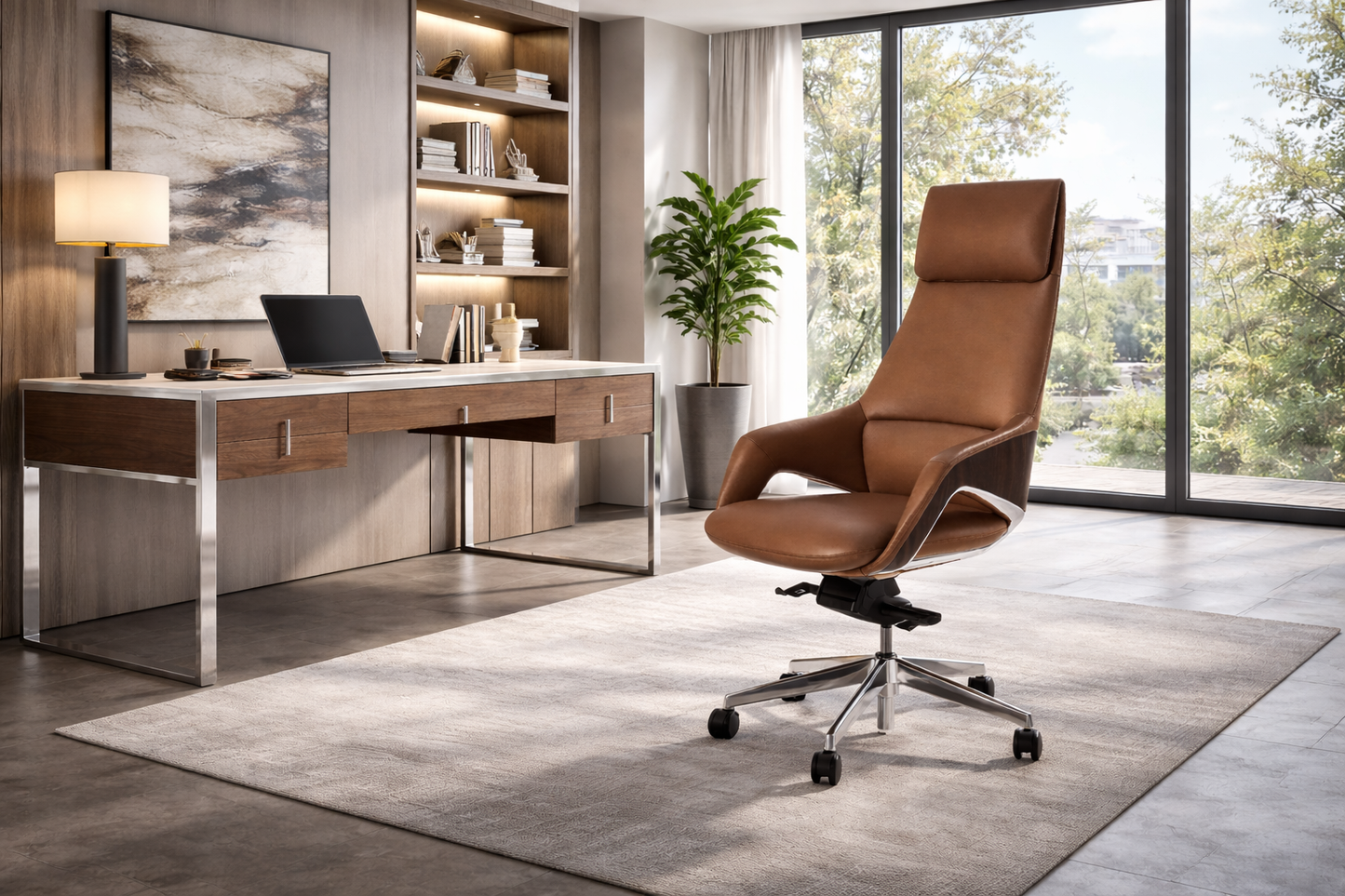 Fauteuil bureau pivotant similicuir marron et noyer | Exécutif