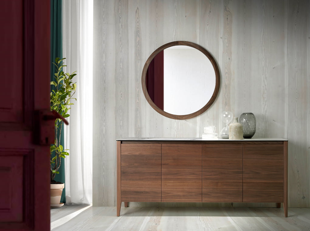 Miroir mural rond en bois de noyer au design contemporain élégant