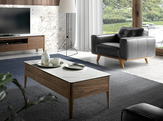 Table basse en porcelaine et bois de noyer avec tiroirs Angel Cerda 2049