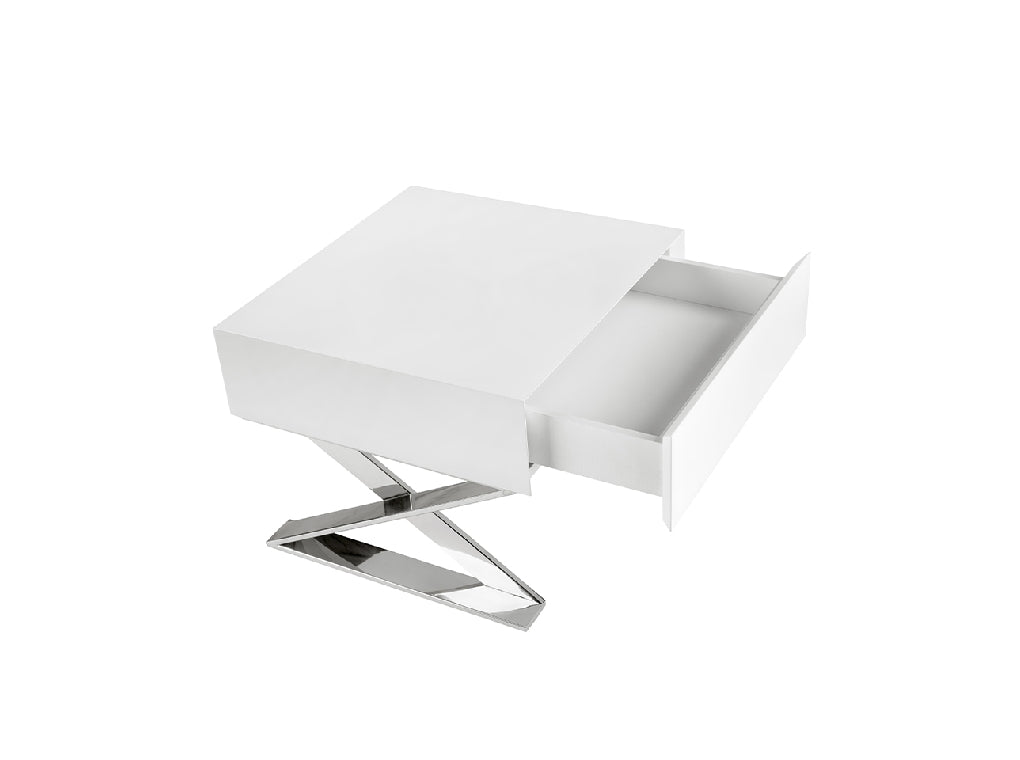 Table de chevet en bois blanc et acier chromé Angel Cerda 7007