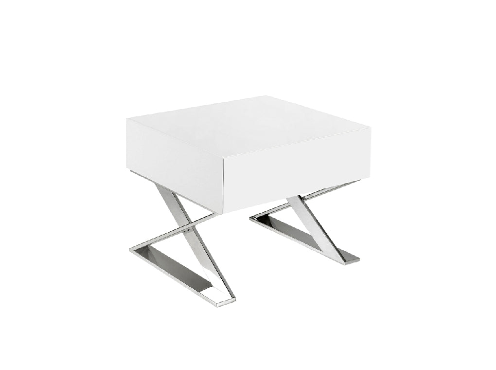 Table de chevet en bois blanc et acier chromé Angel Cerda 7007