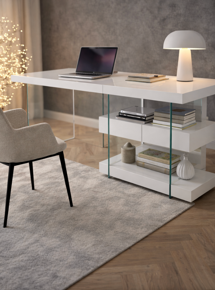 Bureau design blanc et verre avec structure moderne pour espace de travail contemporain