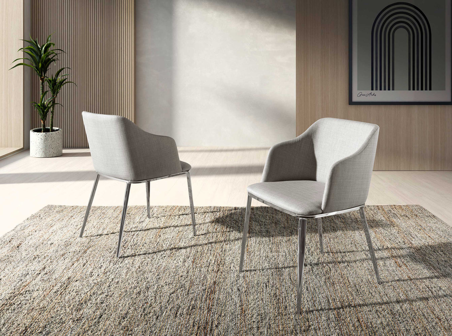 Chaise de salle à manger design en tissu gris et pieds en acier chromé – Angel Cerdá 4050
