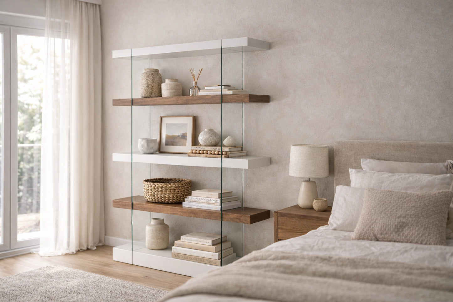 Etagère en bois de noyer et verre