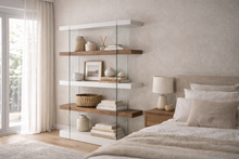 Charger l'image dans la visionneuse de la galerie, Étagère en bois blanc et verre au design moderne pour intérieur épuré
