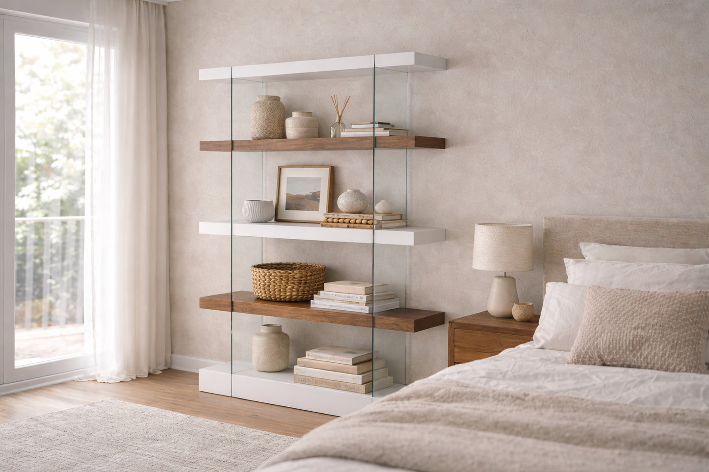 Etagère en bois de noyer et verre