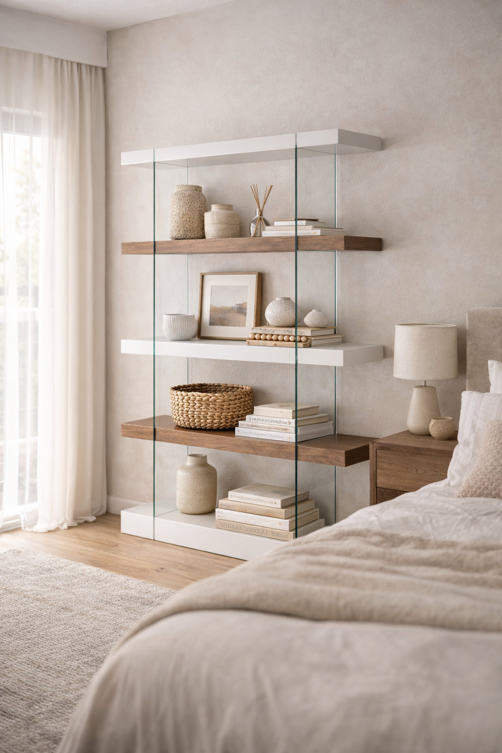 Etagère en bois de noyer et verre