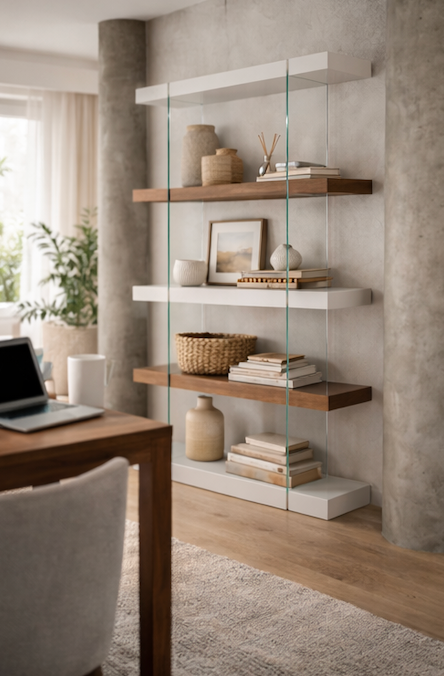 Étagère murale en bois blanc et verre au style moderne et épuré