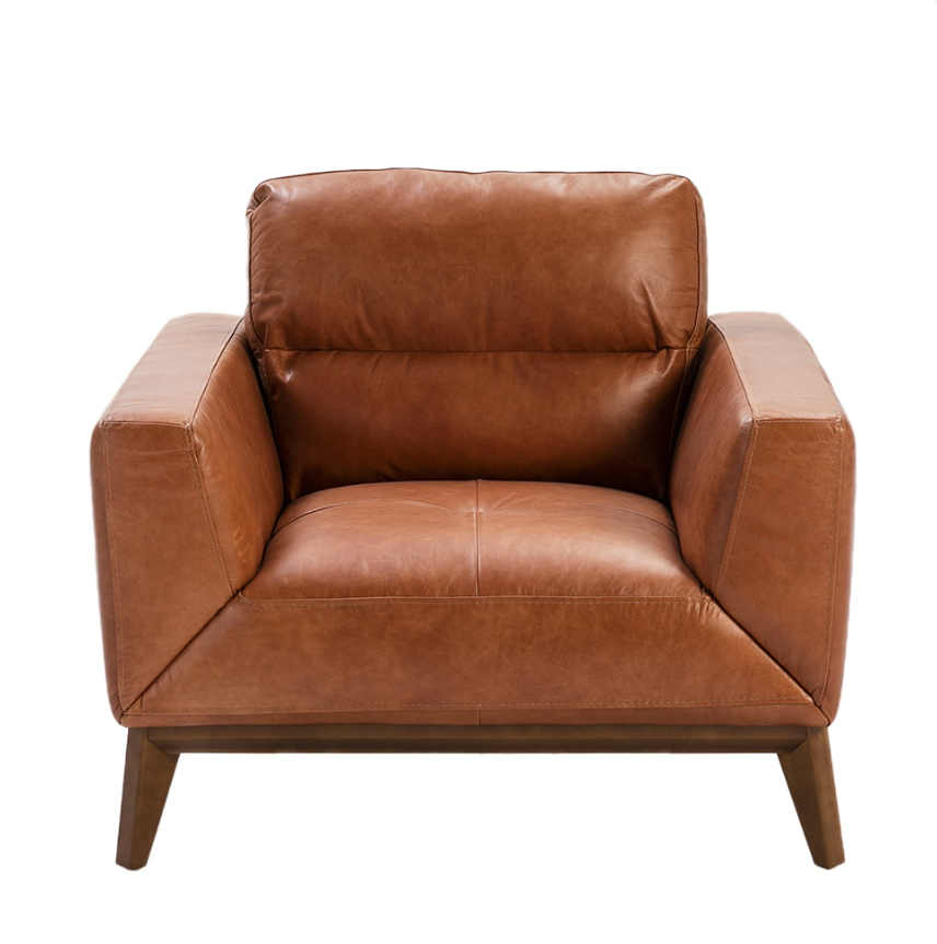 Fauteuil en cuir marron et pied en bois Angel Cerda
